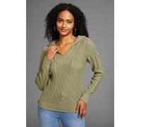 Kapuzenpullover KANGAROOS, Damen, Gr. 52/54, grün (salbei), Strick, Obermaterial: 50% Baumwolle, 50% Polyacryl, figurumspielend hüftlang, V-Ausschnitt, Rippbündchen, Pullover Kapuzenpullover, aus Zopf