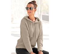 Kapuzenpullover LASCANA, Damen, Gr. 44/46, beige, Grobstrick, Obermaterial: 100% Polyacryl, unifarben, figurumspielend hüftlang, Rippstrickbündchen, Pullover Kapuzenpullover, aus weichem Grobstrick, w