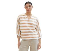 Kapuzenpullover TOM TAILOR, Damen, Gr. XXL (44), beige (beige melange knit stripe), Stoff, Obermaterial: 35% Baumwolle, 35% Lyocell, 30% Polyester, gestreift, regular fit, V-Ausschnitt, Pullover Kapuz