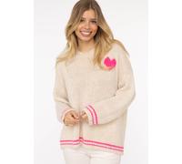 Kapuzenpullover ZWILLINGSHERZ ""Herz"", Damen, beige (hellbeige), Strick, Obermaterial: 60% Polyamid, 24% Polyester, 8% Wolle, 8% Viskose, unifarben mit Farbeinsatz, comfort fit hüftlang, V-Ausschnitt