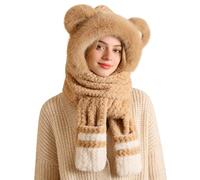 Kapuzenschal mit Taschen - 3-in-1-Bär-Schal mit Fäustlingen, elegante lange Schals mit Kapuze, aus Korallen-Fleece mit Handschuhen für den Winter | Set aus Handschuhen und Schal aus Fau, kaki, Se
