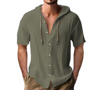 Kapuzenshirt für Herren: Leinenhemden, langärmelig, Knopfleiste, Strandhemden mit Brusttasche, leichter Kapuzenpullover, Kordelzug, Pullover, Hoodies, lockere Passform, lässiges Hemd, einfarbig