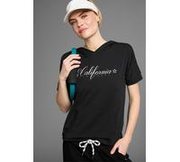 Kapuzenshirt KANGAROOS "California", Damen, Gr. 44/46, schwarz, Single Jersey, Obermaterial: 56% Baumwolle, 38% Viskose, 6% Elasthan, bedruckt, unifarben, lässig geschnitten hüftlang, Rundhals, Shirts