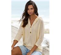 Kapuzenshirt LASCANA "aus Waffelstrick", Damen, Gr. 40/42, gelb, Strick, Obermaterial: 64% Polyester, 34% Viskose, 2% Elasthan, leicht transparent, unifarben, lässig geschnitten normal, V-Ausschnitt,