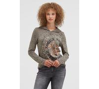 Kapuzenshirt SOCCX, Damen, Gr. XS, true khaki, Single Jersey, Material: Grundmaterial: 100% Polyester, Ausbrenner: 100% Viskose, bedruckt, slim fit normal, Rundhals, eingesetzt gerader Abschluss, Shir