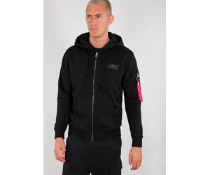Kapuzensweatjacke ALPHA INDUSTRIES "Back Print Zip Hoody", Herren, Gr. M, schwarz, angeraute Sweatware, Obermaterial: 80% Baumwolle, 20% Polyester, bedruckt, normal normal, Rundhals, Rippbündchen, Swe