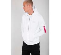 Kapuzensweatjacke ALPHA INDUSTRIES "Back Print Zip Hoody", Herren, Gr. M, weiß, angeraute Sweatware, Obermaterial: 80% Baumwolle, 20% Polyester, bedruckt, normal normal, Rundhals, Rippbündchen, Sweatj
