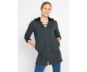 Kapuzensweatjacke BONPRIX "Kapuzen-Sweatjacke mit Teddyfell", Damen, Gr. 56/58 (XXXL), grau (anthrazit meliert), Obermaterial: 85% Polyester, 15% Baumwolle, gerade, Sweatjacken Kapuzensweatjacke, mit