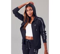 Kapuzensweatjacke H.I.S, Damen, Gr. 48/50, blau (marine), Interlock, Obermaterial: 60% Baumwolle, 40% Polyester, unifarben, Basic, Basic hüftlang, Bündchen, Sweatjacken, mit Piping an den Ärmeln, Loun