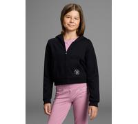 Kapuzensweatjacke H.I.S "Kurze Sweatjacke", Mädchen, Gr. 164/170, schwarz, angeraute Sweatware, Obermaterial: 60% Baumwolle, 40% Polyester, bedruckt, loose fit taillenbedeckt, Rippbündchen, Sweatjacke