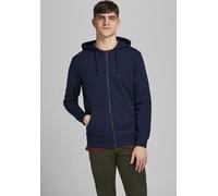 Kapuzensweatjacke JACK & JONES "JJEBASIC Hoodie mit Rippbündchen und angenehmem Tragegefühl" Gr. L, blau (navy), Sweatjacken, Herren, L, angeraute Sweatware, Obermaterial: 85% Baumwolle, 15% Polyester