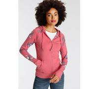 Kapuzensweatjacke KANGAROOS, Damen, Gr. 40/42, lila (himbeere), Interlock, Obermaterial: 100% Baumwolle, bedruckt, kontrastfarbene Details, unifarben mit Farbeinsatz, figurbetont hüftbedeckend, Raglan