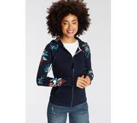 Kapuzensweatjacke KANGAROOS, Damen, Gr. 44/46, blau (marine), Interlock, Obermaterial: 100% Baumwolle, bedruckt, kontrastfarbene Details, unifarben mit Farbeinsatz, figurbetont hüftbedeckend, Raglanär
