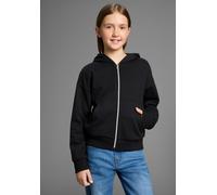 Kapuzensweatjacke KIDSWORLD "Lässige Sweatjacke mit kleinem Logo", Mädchen, Gr. 140/146, schwarz, angeraute Sweatware, Obermaterial: 60% Baumwolle, 40% Polyester. Kapuzenfutter: 100% Baumwolle, bestic