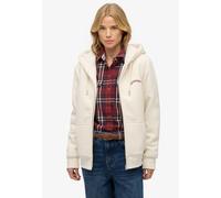 Kapuzensweatjacke SUPERDRY "BORG LINED ZIPHOOD", Damen, Gr. L, beige (desert bone sanftes weiß), Sweatware, Obermaterial: 80% Baumwolle, 20% Polyester, unifarben, relaxed fit normal, Rippbündchen, Swe