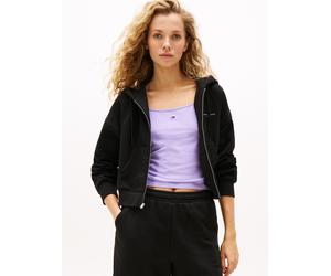 Kapuzensweatjacke TOMMY JEANS "TJW BXY CRP LINEAR ZIP THRU EXT", Damen, Gr. L (40), schwarz, Sweatware, Obermaterial: 80% Baumwolle, 20% Polyester, unifarben, Rippbündchen, Sweatjacken (53465330-L) sc