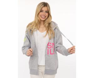 Kapuzensweatjacke ZWILLINGSHERZ "Alissa", Damen, Gr. L/XL, graumeliert, Sweatware, Obermaterial: 50% Baumwolle, 50% Polyester, bedruckt, bestickt, unifarben, hüftbedeckend, ohne Ausschnitt, Rippbündch