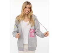 Kapuzensweatjacke ZWILLINGSHERZ "Alissa", Damen, Gr. S/M, grau (graumeliert), Sweatware, Obermaterial: 50% Baumwolle, 50% Polyester, bedruckt, bestickt, unifarben, hüftbedeckend, ohne Ausschnitt, Ripp