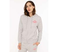 Kapuzensweatjacke ZWILLINGSHERZ "Feel Good Club", Damen, Gr. S/M, light grau, Sweatware, Obermaterial: 60% Baumwolle, 40% Polyester, bestickt, unifarben, Basic hüftbedeckend, ohne Ausschnitt, angesetz