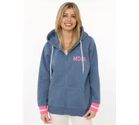 Kapuzensweatjacke ZWILLINGSHERZ "Rahel", Damen, Gr. XL, jeans, Sweatware, Obermaterial: 50% Baumwolle, 50% Polyester, bedruckt, unifarben, hüftbedeckend, ohne Ausschnitt, Rippbündchen kontrastfarben,