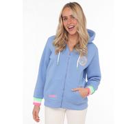 Kapuzensweatjacke ZWILLINGSHERZ "Smile Everyday ZH", Damen, Gr. L/XL (L/XL), blau (hellblau), Sweatware, Obermaterial: 50% Baumwolle, 50% Polyester, unifarben, normal hüftlang, V-Ausschnitt, Sweatjack