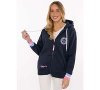 Kapuzensweatjacke ZWILLINGSHERZ "Smile Everyday ZH", Damen, Gr. S/M, blau (marine), Sweatware, Obermaterial: 50% Baumwolle, 50% Polyester, unifarben, normal hüftlang, V-Ausschnitt, Sweatjacken Zip-Hoo