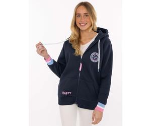 Kapuzensweatjacke ZWILLINGSHERZ "Smile Everyday ZH", Damen, Gr. S/M, blau (marine), Sweatware, Obermaterial: 50% Baumwolle, 50% Polyester, unifarben, normal hüftlang, V-Ausschnitt, Sweatjacken Zip-Hoo
