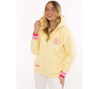 Kapuzensweatjacke ZWILLINGSHERZ "Smile Everyday ZH", Damen, Gr. S/M, hellgelb, Sweatware, Obermaterial: 50% Baumwolle, 50% Polyester, unifarben, normal hüftlang, V-Ausschnitt, Sweatjacken Zip-Hoodie,