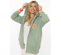 Kapuzensweatjacke ZWILLINGSHERZ "Smile Everyday ZH", Damen, Gr. S/M, salbei, Sweatware, Obermaterial: 50% Baumwolle, 50% Polyester, unifarben, normal hüftlang, V-Ausschnitt, Sweatjacken Zip-Hoodie, Ka