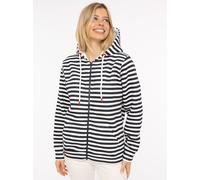 Kapuzensweatjacke ZWILLINGSHERZ "Streifen Strandglück", Damen, Gr. S/M, blau (marine), angeraute Sweatware, Obermaterial: 50% Baumwolle, 50% Polyester, Sweatjacken, gestreifte Hoodiejacke mit Strandgl