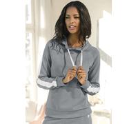 Kapuzensweatshirt BENCH. LOUNGEWEAR, Damen, Gr. 36/38, grau (stone, weiß), Jersey, Obermaterial: 60% Baumwolle, 40% Polyester, bedruckt, unifarben mit Farbeinsatz, Basic, bequem hüftlang, Rippbündchen