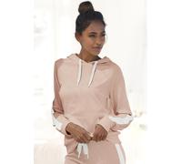 Kapuzensweatshirt BENCH. LOUNGEWEAR, Damen, Gr. 40/42, beige (beige, weiß), Jersey, Obermaterial: 60% Baumwolle, 40% Polyester, unifarben mit Farbeinsatz, Basic, bequem hüftlang, Rippbündchen, Sweatsh