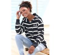 Kapuzensweatshirt ELBSAND, Damen, Gr. S (36), blau (marine, weiß), Sweatware, Obermaterial: 95% Baumwolle, 5% Elasthan, gestreift, figurumspielend hüftbedeckend, Rippbündchen, Sweatshirts, mit Logopri