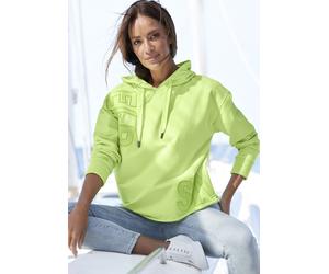 Kapuzensweatshirt ELBSAND "Elgin", Damen, Gr. L (40), grün (limone), angeraute Sweatware, Obermaterial: 95% Baumwolle, 5% Elasthan, unifarben, figurumspielend hüftlang, breiter Bund, Sweatshirts Kapuz