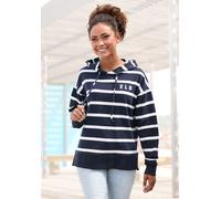 Kapuzensweatshirt ELBSAND "Marvi", Damen, Gr. S (36), blau (marine, weiß), Sweatware, Obermaterial: 95% Baumwolle, 5% Elasthan, gestreift, figurumspielend hüftbedeckend, Rippbündchen, Sweatshirts, mit