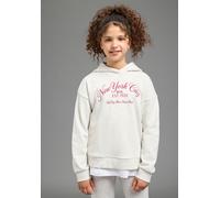 Kapuzensweatshirt H.I.S "2in1 look, H.I.S Sweatshirts mit New York Druck", Mädchen, Gr. 128/134, beige (beige meliert), angeraute Sweatware, Obermaterial: 99% Baumwolle, 1% Viskose. Einsatz: 100% Baum
