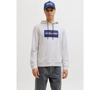Kapuzensweatshirt JACK & JONES "JJCOLE PRINT SWEAT HOOD UNB", Herren, Gr. L, weiß melange, angeraute Sweatware, Obermaterial: 60% Baumwolle, 40% Polyester, bedruckt, meliert, regular fit, Rippbündchen
