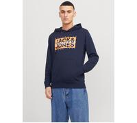 Kapuzensweatshirt JACK & JONES "JJCOLTON - Sweater mit Print, Regular Fit und Materialmix", Herren, Gr. M, blau (sky captain), angeraute Sweatware, Obermaterial: 60% Baumwolle, 40% Polyester, bedruckt
