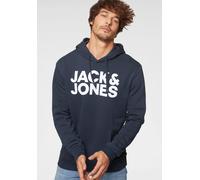 Kapuzensweatshirt JACK & JONES "JJECORP Kapuze und Frontprint", Herren, Gr. M, blau (navy blazer), Obermaterial: 61% Polyester, 39% Baumwolle, bedruckt, normal, Rundhals, Bündchen, Sweatshirts, bedruc