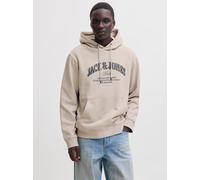 Kapuzensweatshirt JACK & JONES "JJEDENVER LOGO SWEAT HOOD SN", Herren, Gr. XL, beige (moonbeam), angeraute Sweatware, Obermaterial: 80% Baumwolle, 20% Polyester, bedruckt, relaxed fit normal, Rundhals