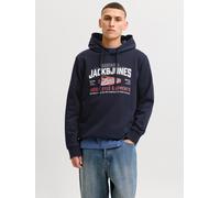 Kapuzensweatshirt JACK & JONES "JJELOGO SWEAT HOOD 2 COL AW26 SN", Herren, Gr. L, blau (navy blazer), angeraute Sweatware, Obermaterial: 70% Baumwolle, 30% Polyester, bedruckt, regular fit normal, Run