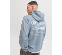 Kapuzensweatshirt JACK & JONES "JORNORREBRO TYPO BACK SWEAT HOOD SN", Herren, Gr. L, blau (tradewinds detail:ss26), angeraute Sweatware, Obermaterial: 89% Baumwolle, 11% Polyester, bedruckt, relaxed f