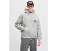 Kapuzensweatshirt JACK & JONES "JORNORREBRO TYPO BACK SWEAT HOOD SN", Herren, Gr. L, grau (weiß melange), angeraute Sweatware, Obermaterial: 89% Baumwolle, 11% Polyester, bedruckt, meliert, relaxed fi