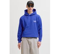 Kapuzensweatshirt JACK & JONES "JORNORREBRO TYPO BACK SWEAT HOOD SN", Herren, Gr. M, blau (bluing detail:ss26), angeraute Sweatware, Obermaterial: 89% Baumwolle, 11% Polyester, bedruckt, relaxed fit n