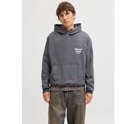 Kapuzensweatshirt JACK & JONES "JORNORREBRO TYPO BACK SWEAT HOOD SN", Herren, Gr. S, grau (asphalt), angeraute Sweatware, Obermaterial: 89% Baumwolle, 11% Polyester, bedruckt, relaxed fit normal, ohne
