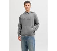 Kapuzensweatshirt JACK & JONES "JPRBLUAIDEN HOOD SWEAT", Herren, Gr. S, grau (schwarz), angeraute Sweatware, Obermaterial: 100% Baumwolle, bedruckt, regular fit normal, ohne Ausschnitt, Rippbündchen,