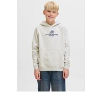 Kapuzensweatshirt JACK & JONES JUNIOR "JCOTIER FRONT PRINT SWEAT HOOD JNR", Jungen, Gr. 128, grau (weiß melange), angeraute Sweatware, Obermaterial: 70% Baumwolle, 30% Polyester, bedruckt, relaxed fit