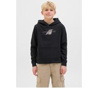 Kapuzensweatshirt JACK & JONES JUNIOR "JCOTIER FRONT PRINT SWEAT HOOD JNR", Jungen, Gr. 140, schwarz, angeraute Sweatware, Obermaterial: 70% Baumwolle, 30% Polyester, bedruckt, relaxed fit, Rippbündch