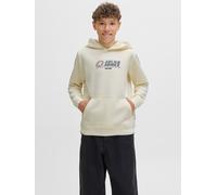 Kapuzensweatshirt JACK & JONES JUNIOR "JCOTIER FRONT PRINT SWEAT HOOD JNR", Jungen, Gr. 140, sweet corn, angeraute Sweatware, Obermaterial: 70% Baumwolle, 30% Polyester, bedruckt, relaxed fit, Rippbün