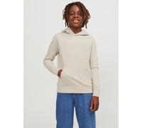 Kapuzensweatshirt JACK & JONES JUNIOR "JJEBRADLEY SWEAT HOOD NOOS JNR", Jungen, Gr. 140, weiß (moonbeam), angeraute Sweatware, Obermaterial: 61% Polyester, 39% Baumwolle, unifarben, Basic, regular fit